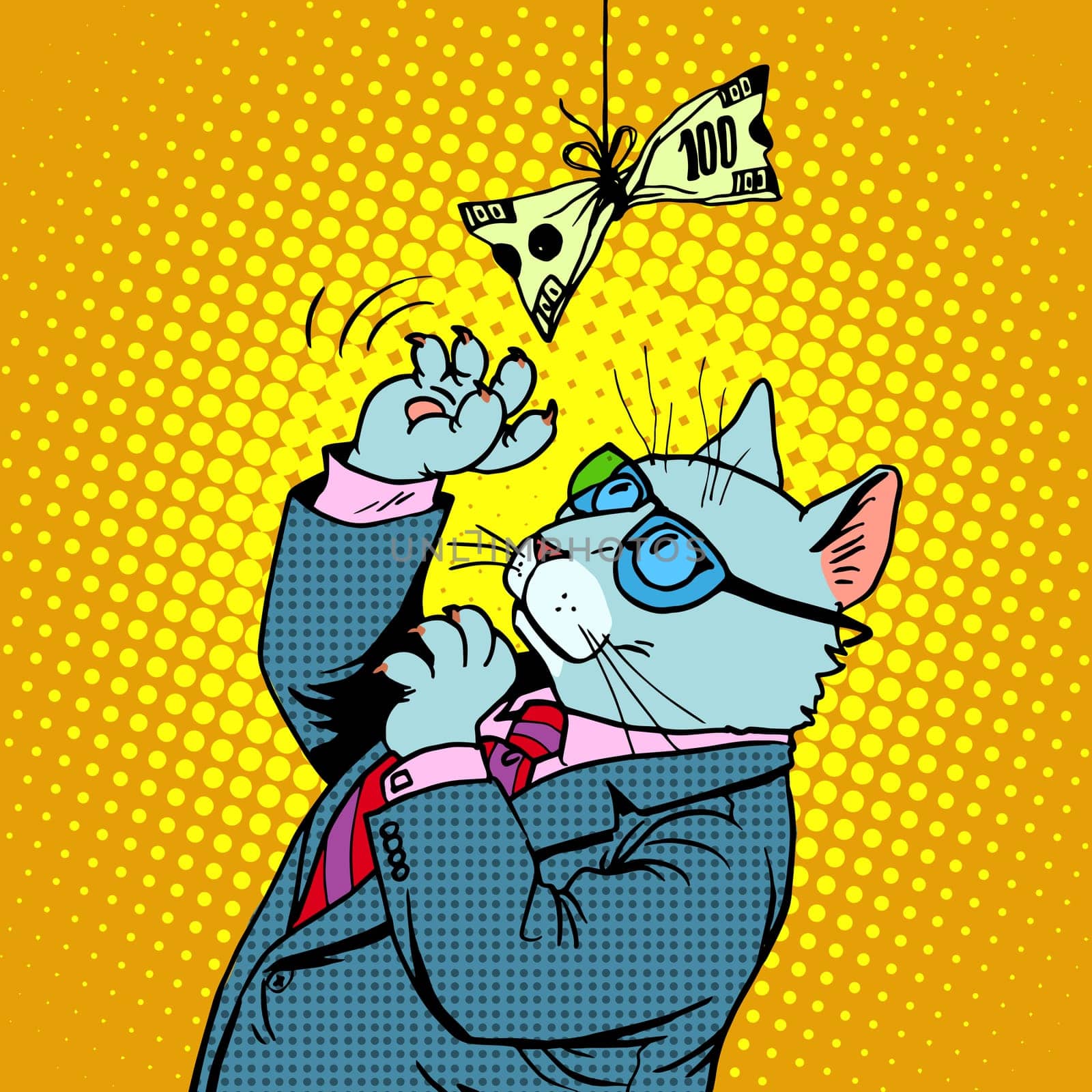Business cat and money. Businessman character animal the concept of financial success pop art retro style
