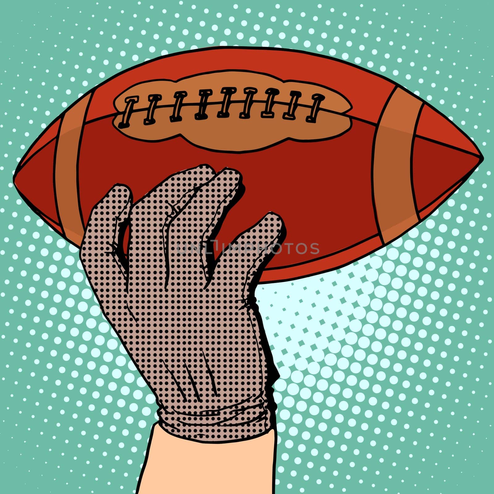 The ball of American football in his hand pop art retro style. Sports and Hobbies