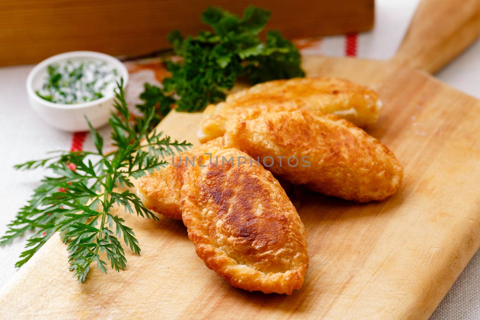 Colombian empanadas (snack sized savory patties) on wooden board. Latin cuisine