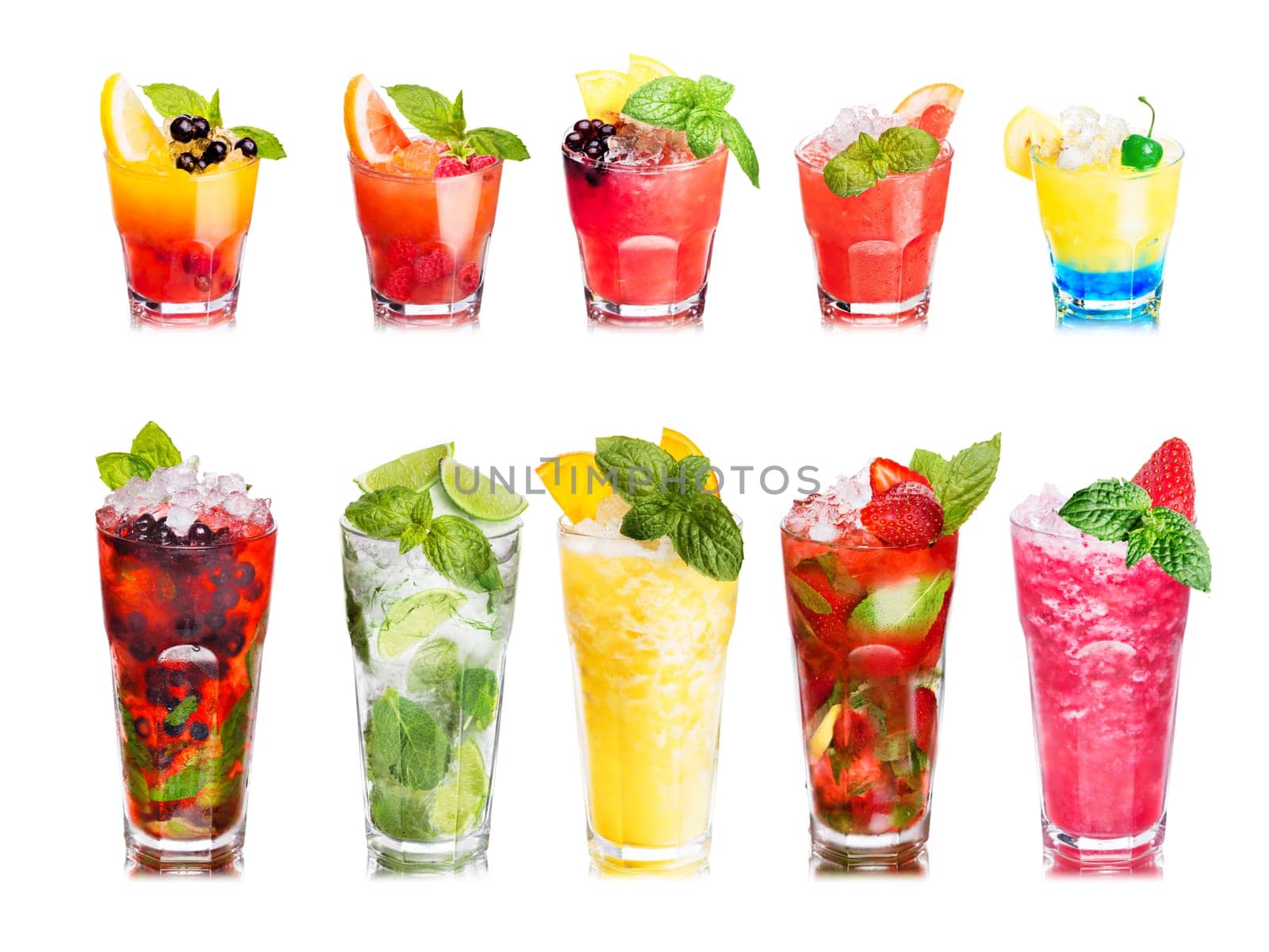 Set of isolated cocktails or mocktails with fruits in highball glasses. Garnished, decorated, colorful, clean,vivid colors
