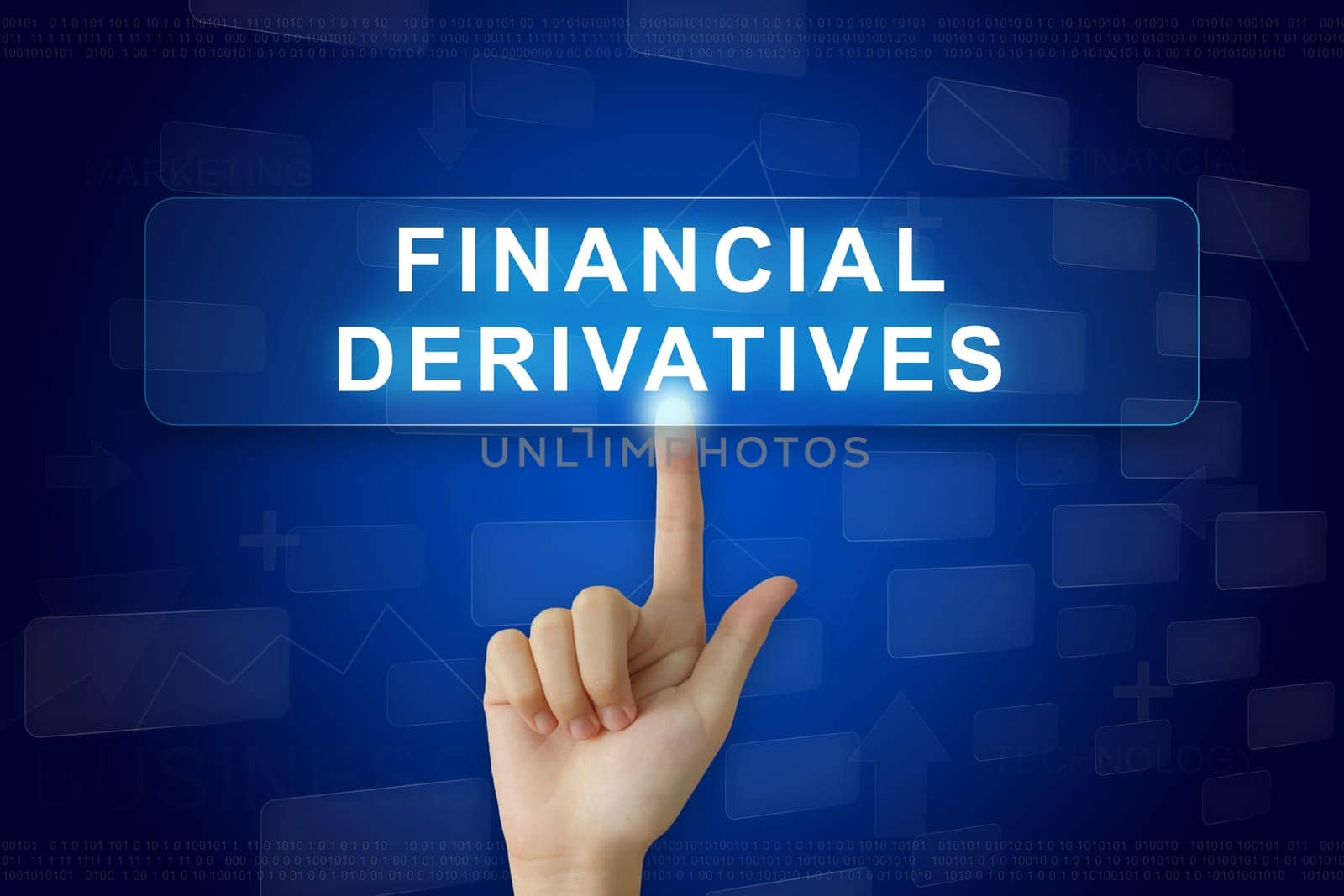 hand press on financial derivatives button on virtual screen