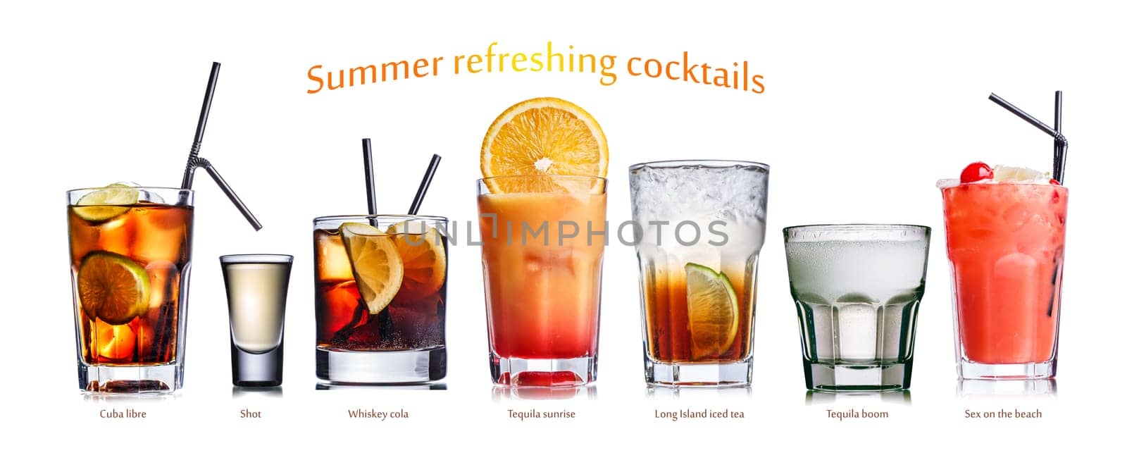 Collection of widely known refreshing summer alcoholic cocktails.