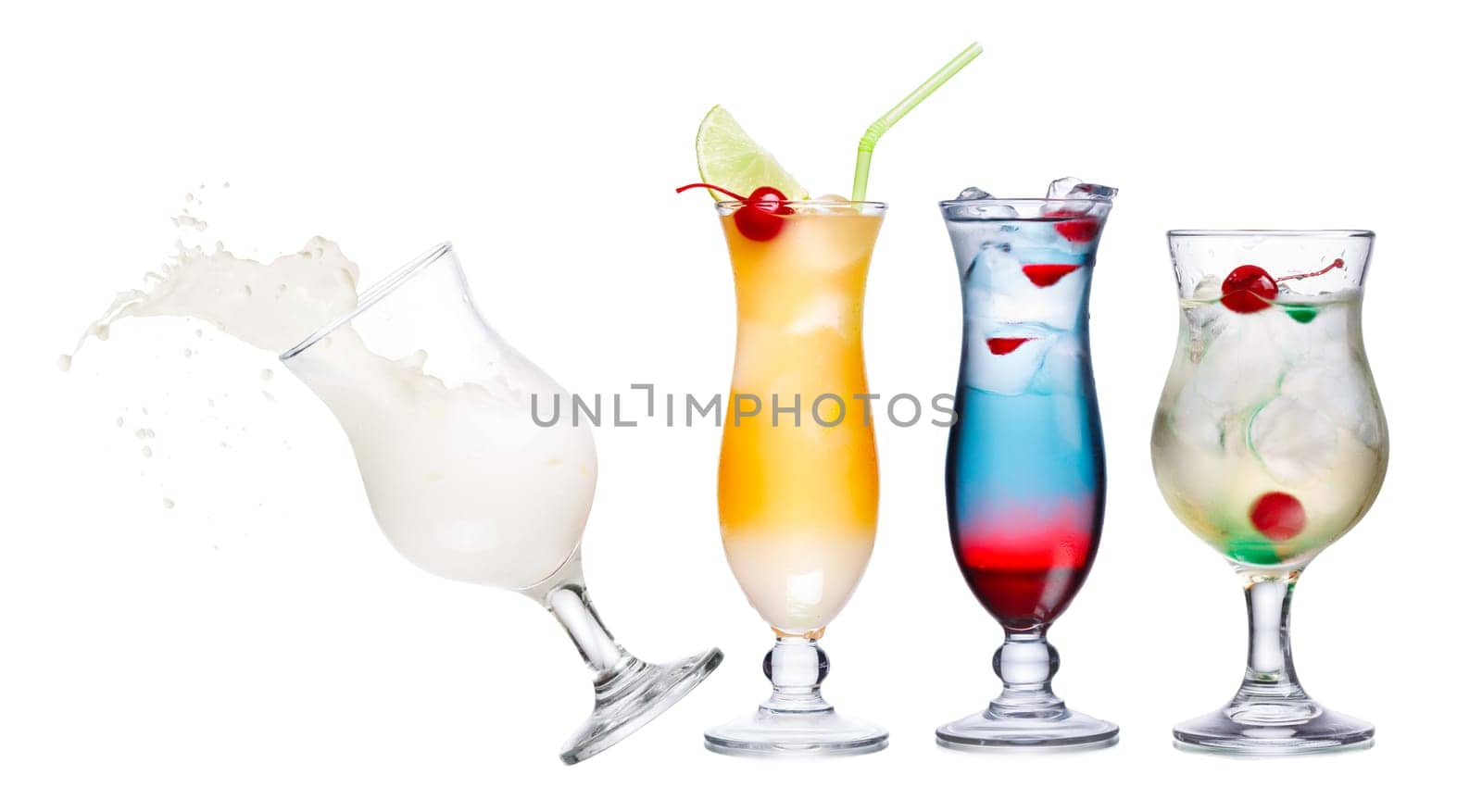 Colourful and spectacular alcoholic cocktails in hurricane glasses