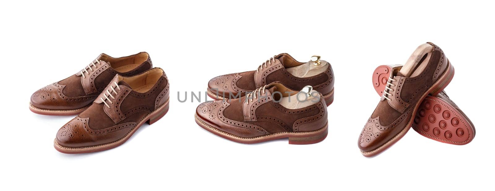 Set of two tone brown suede brogues (also known as derbies,gibsons or wingtips) on thick welted red rubber sole.