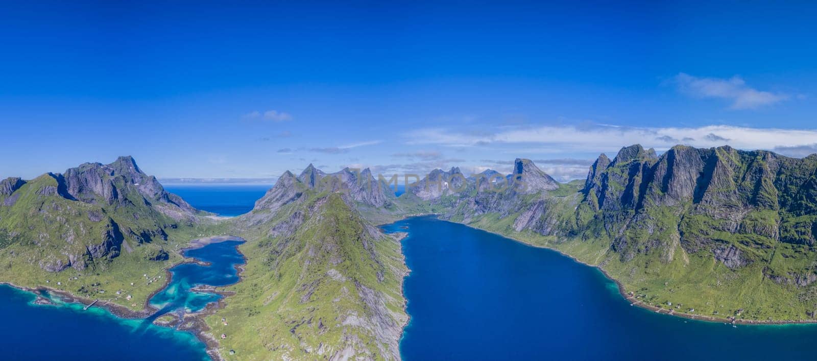 Fjords on beautiful Lofoten islands in Norway, aerial panorama
