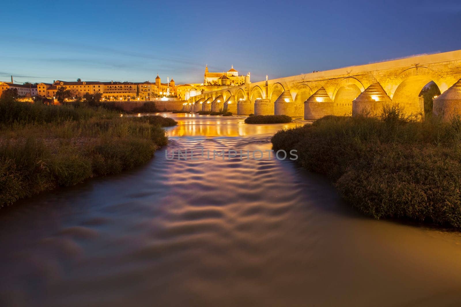 River Guadalquivir in Cordoba, with roman bridge and Mosque at the bottom, Spain. Night scene