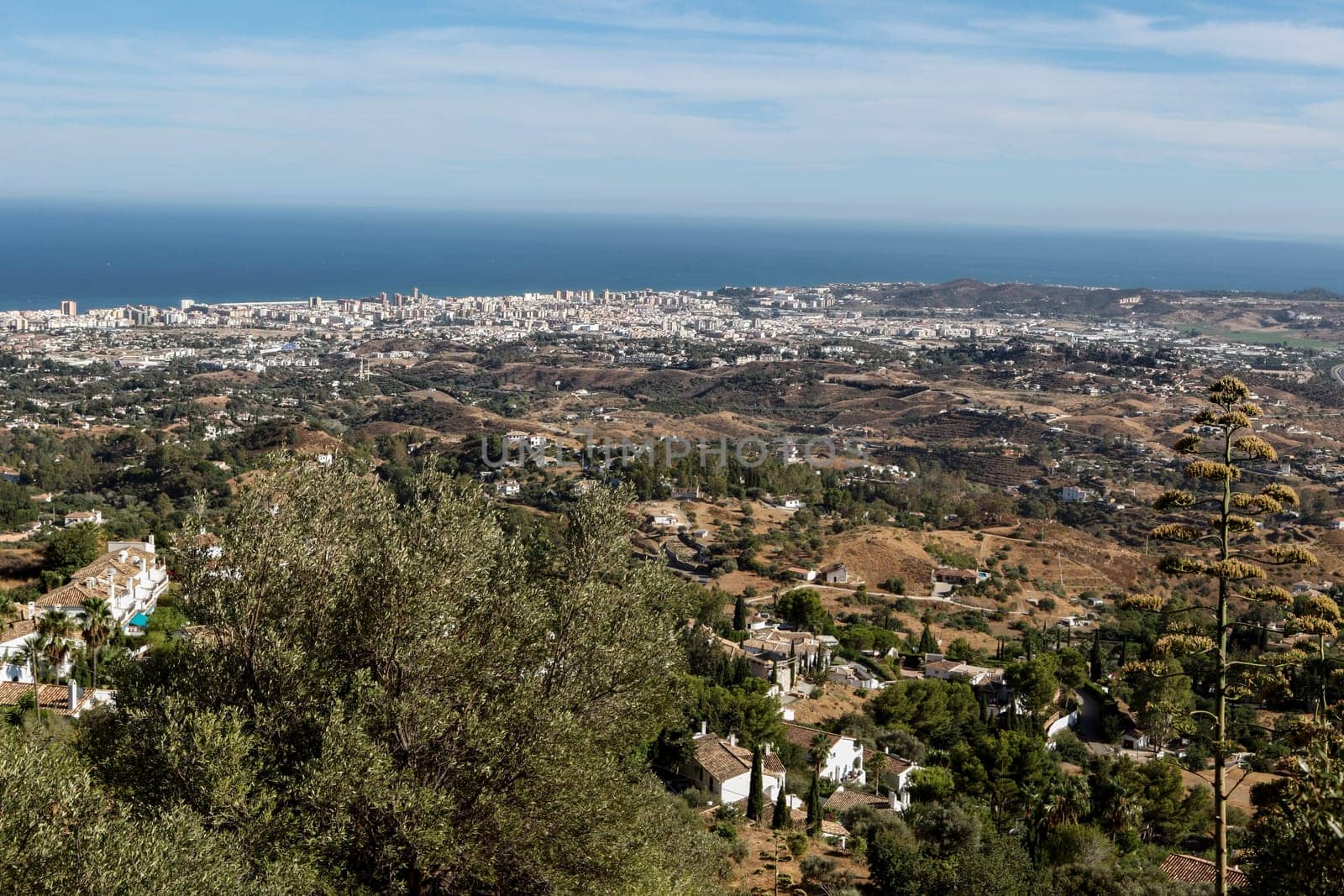 Aerial view view of Costa del Sol from Benalmadena mountains outskirts, Malaga, Spain
