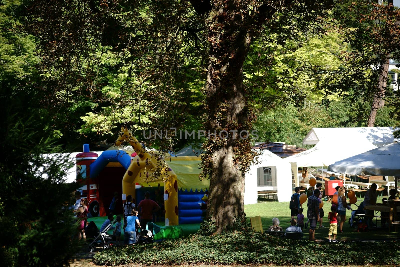 Mainz,Germany - August 29,2015: A children's playground with bouncy castles at the Mainz wine market in the Stadtpark and Rosengarten on August 29,2015 in Mainz.