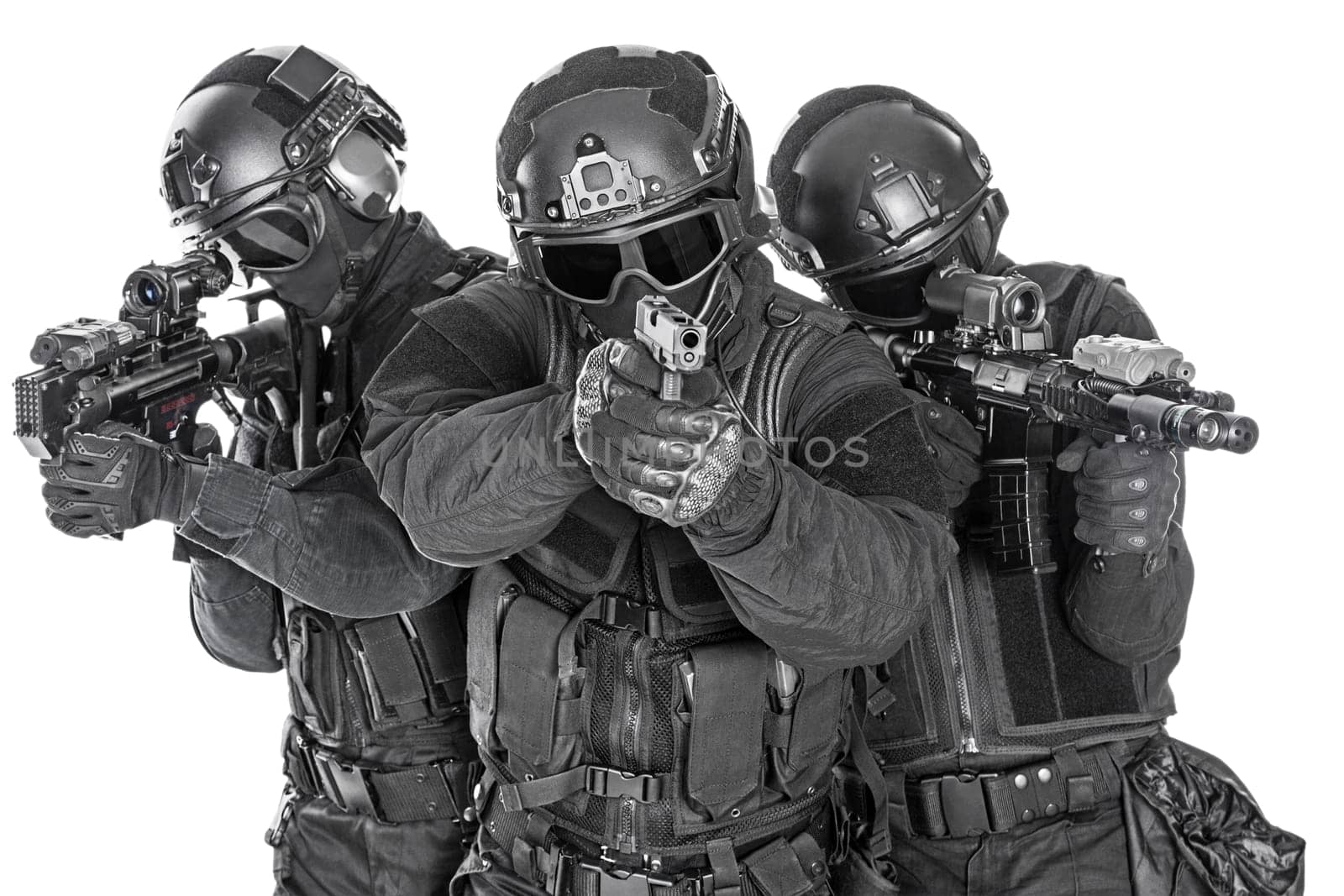 Spec ops police officers SWAT in black uniform and face mask studio shot