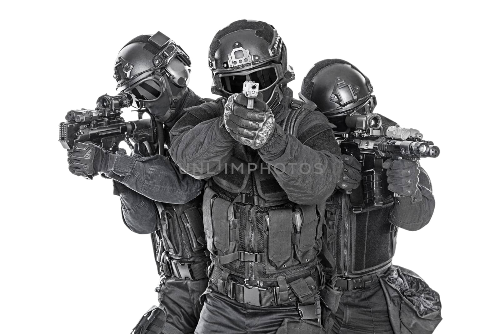 Spec ops police officers SWAT in black uniform and face mask studio shot