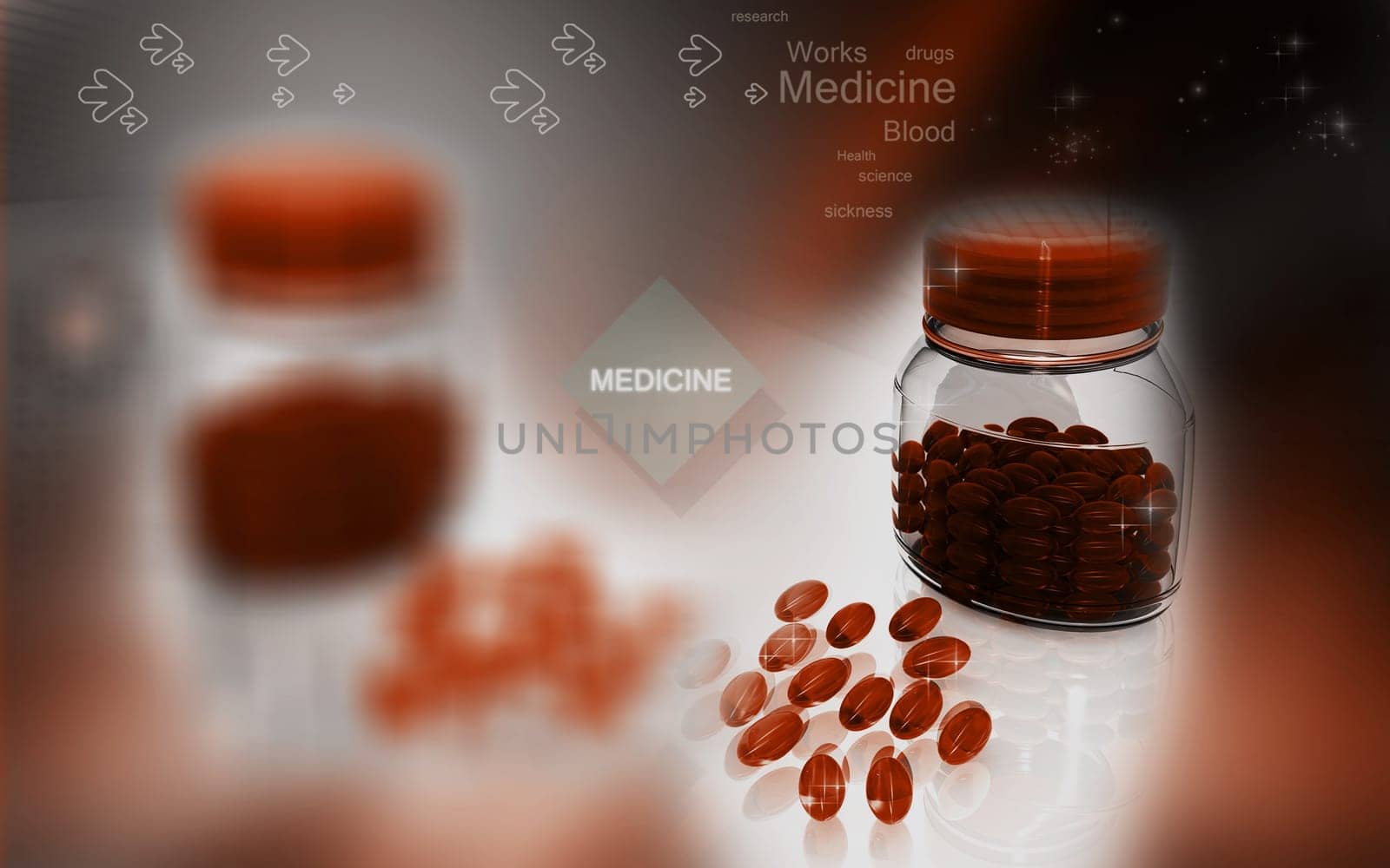 Digital illustration of capsule bottle in colour background