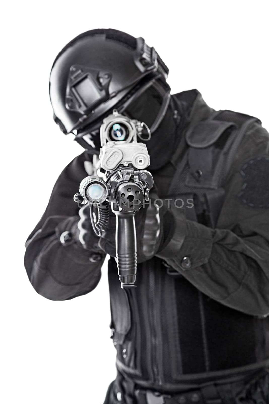 Spec ops police officer SWAT in black uniform and face mask studio shot