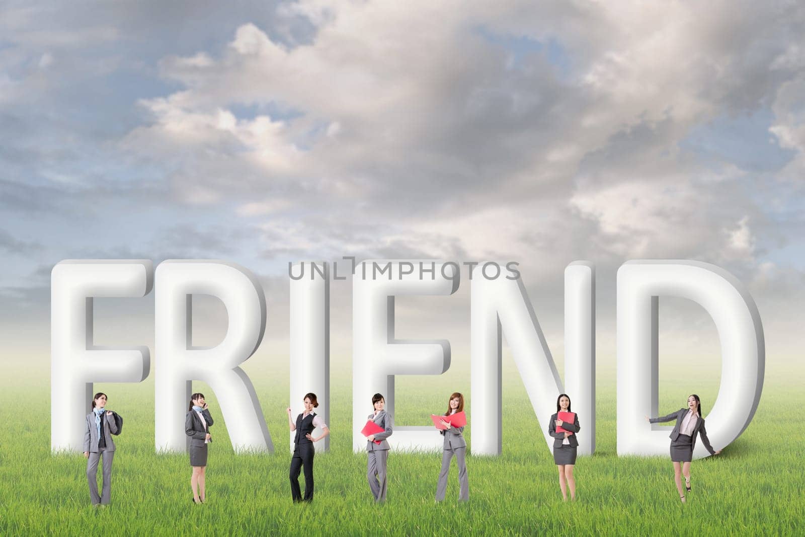 Concept of partner, friends,collaborate with group of business people stand with 3d text.