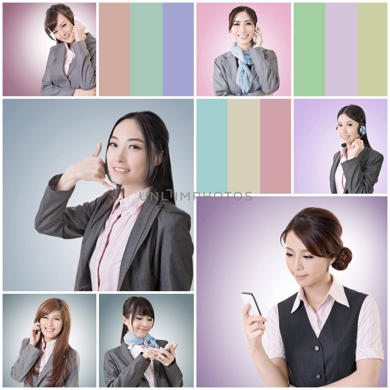 Collection of Asian business woman talk and listen, concept about connect, social media, group, speak etc.