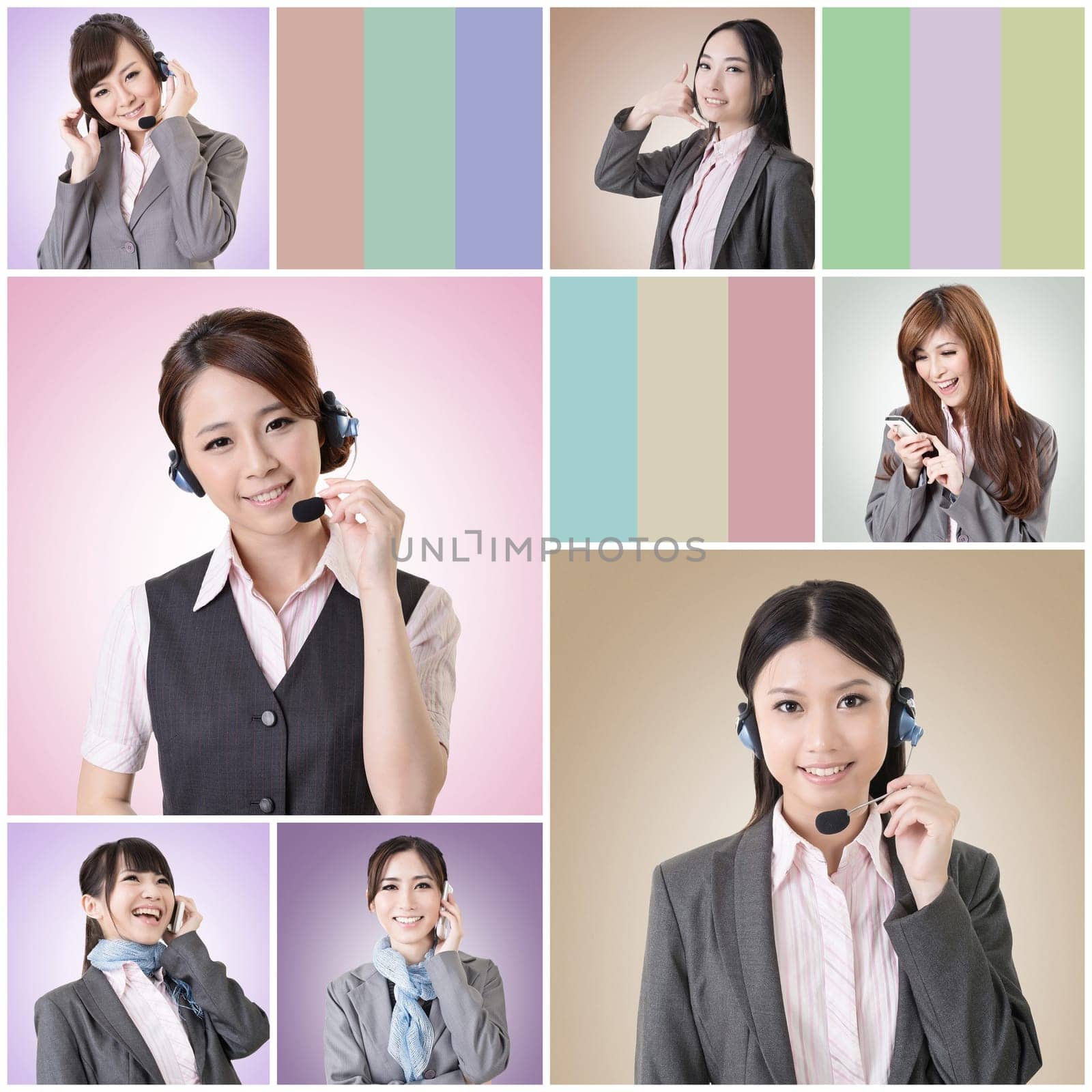 Collection of Asian business woman talk and listen, concept about connect, social media, group, speak etc.