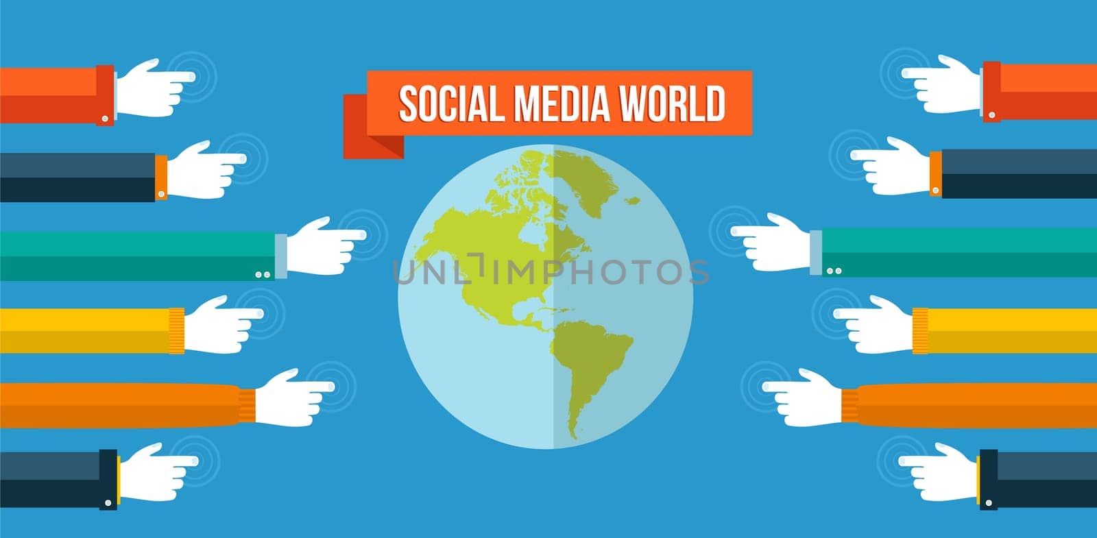 Social media world and web concept with set of flat icons design. Marketing web, network and internet connection elements. EPS10 vector file organized in layers for easy editing.