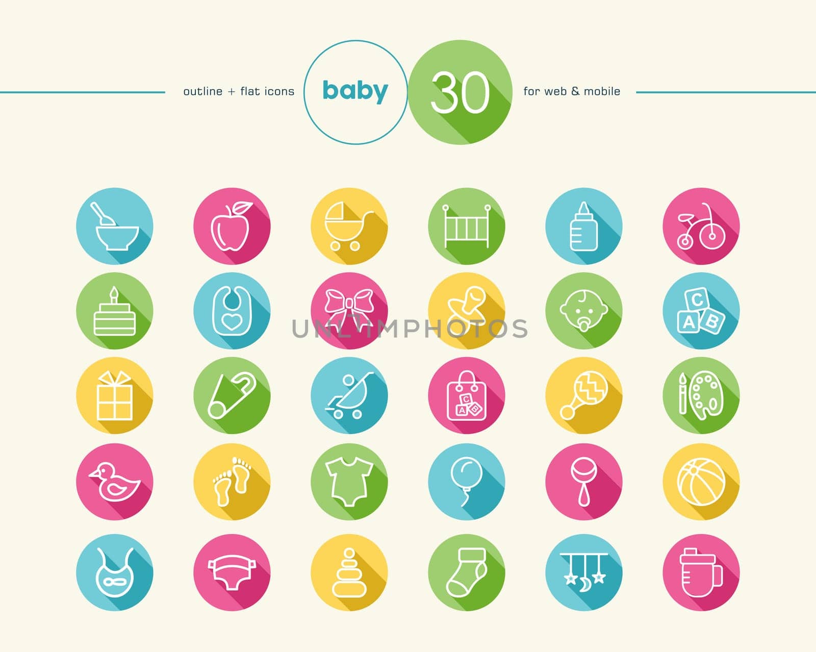 Baby shower colorful flat icons set for web and mobile app. EPS10 vector file organized in layers for easy editing.