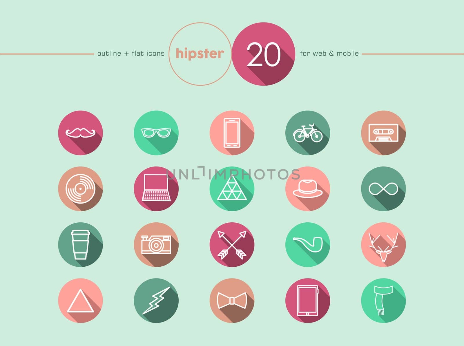 Hipster vintage fashion colorful flat icons set for web and mobile app. EPS10 vector file organized in layers for easy editing.