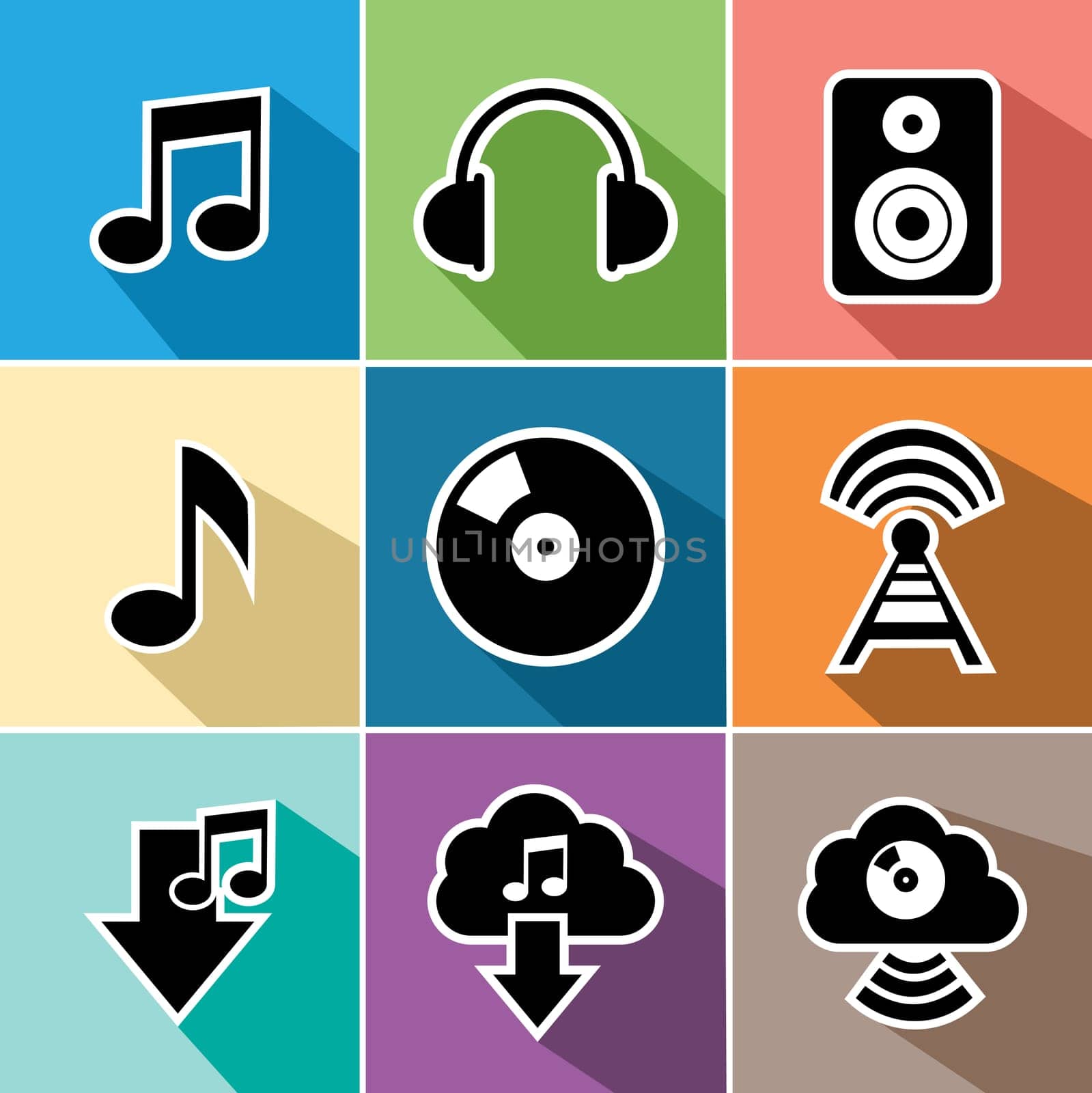 Music and sound set of flat icons design. Can be used for website and mobile app. EPS10 vector file organized in layers for easy editing.