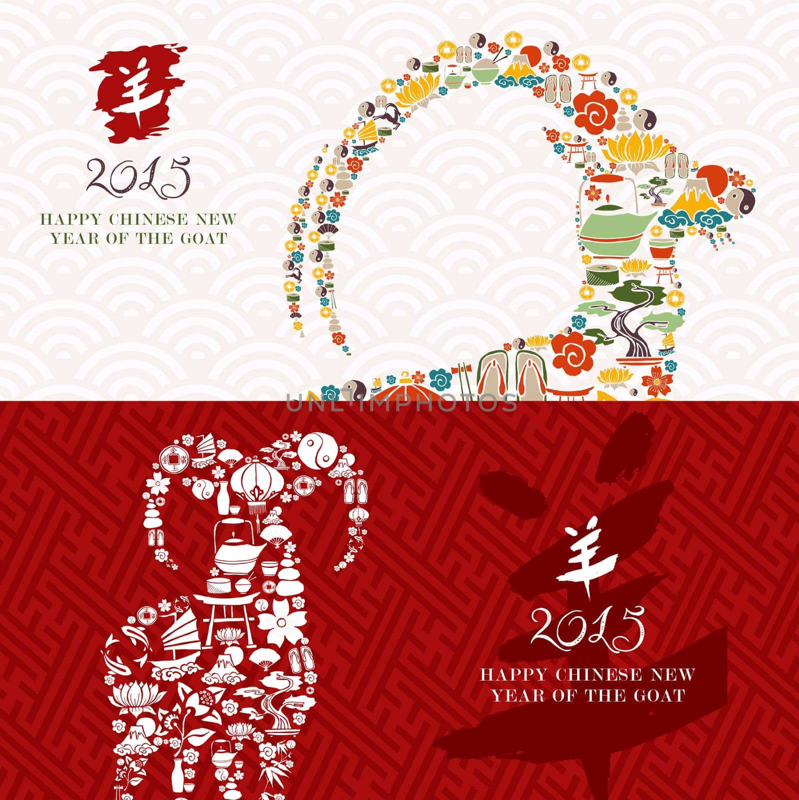 2015 Chinese New Year of the Goat holidays greeting cards set with oriental icons composition. EPS10 vector file organized in layers for easy editing.