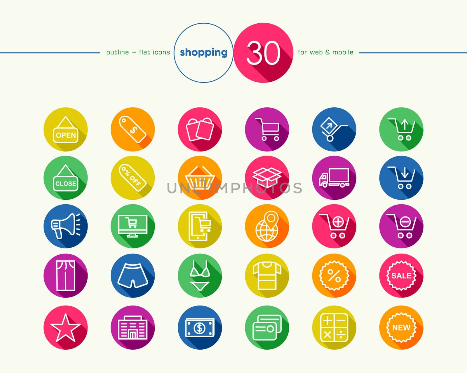 Shopping colorful flat icons set for web and mobile app. EPS10 vector file organized in layers for easy editing.