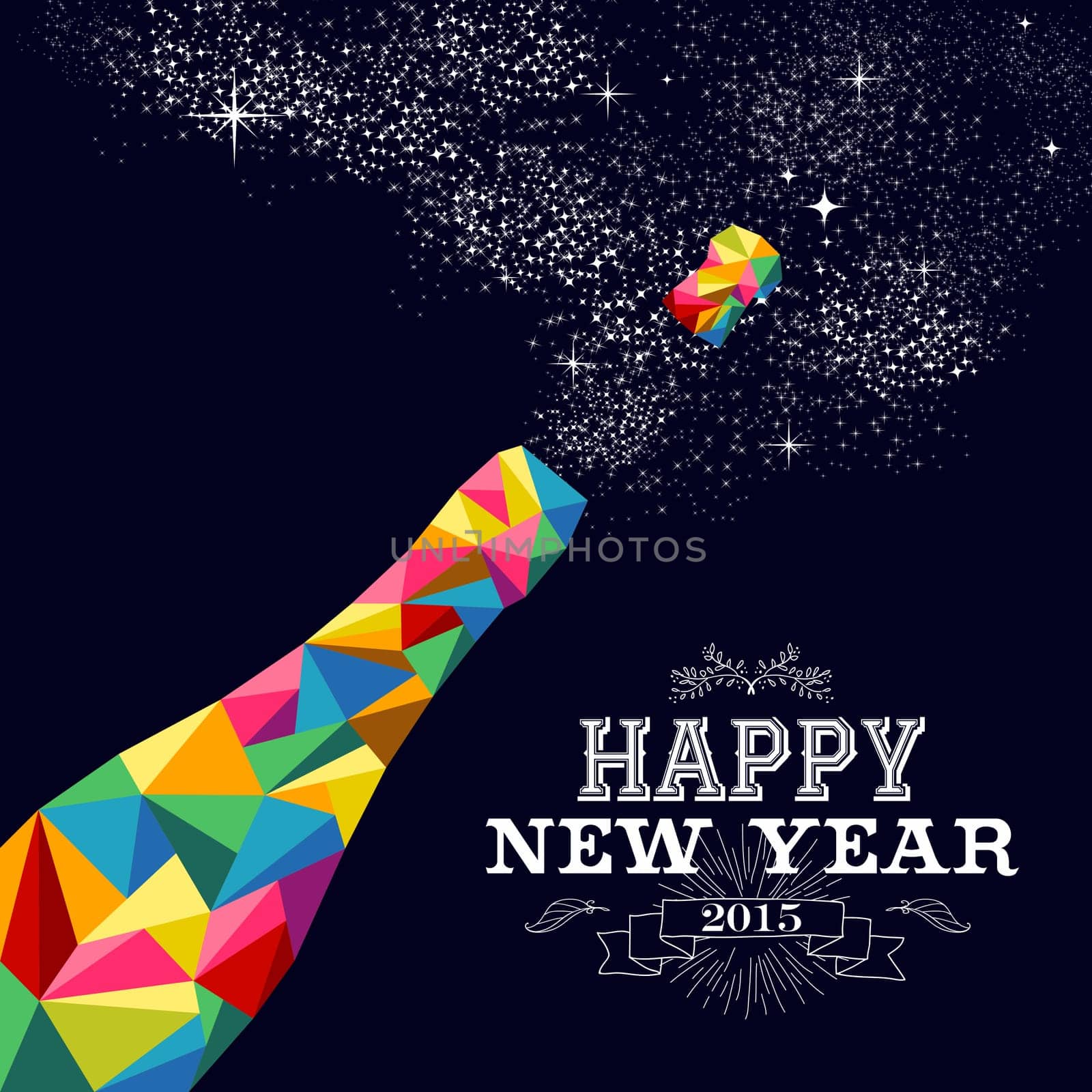 Happy new year 2015 greeting card or poster design with colorful triangle champagne explosion bottle and vintage label illustration. EPS10 vector file with transparency layers.