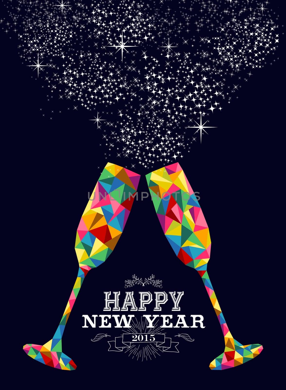 Happy new year 2015 greeting card or poster design with colorful triangle glass and vintage label illustration. EPS10 vector file with transparency layers.