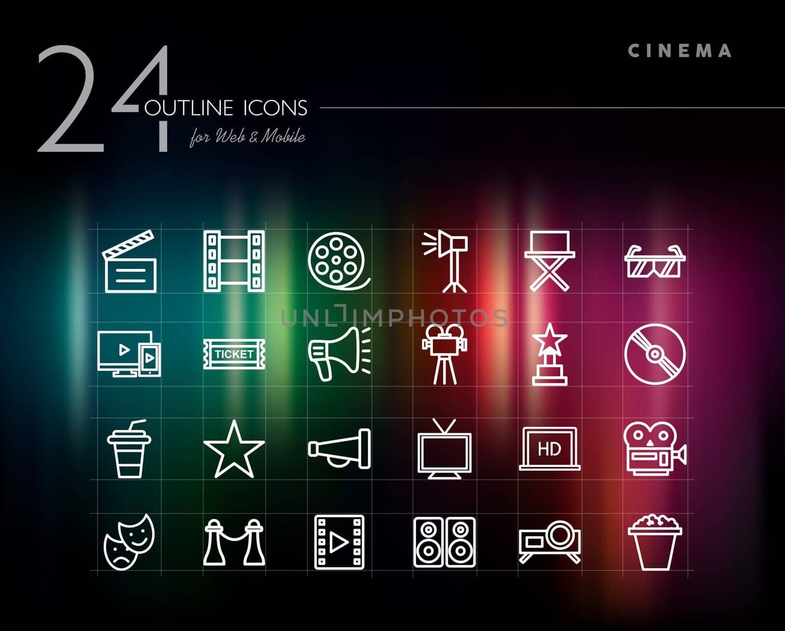 Cinema and movie outline icons set for web and mobile app. EPS10 vector file organized in layers for easy editing.