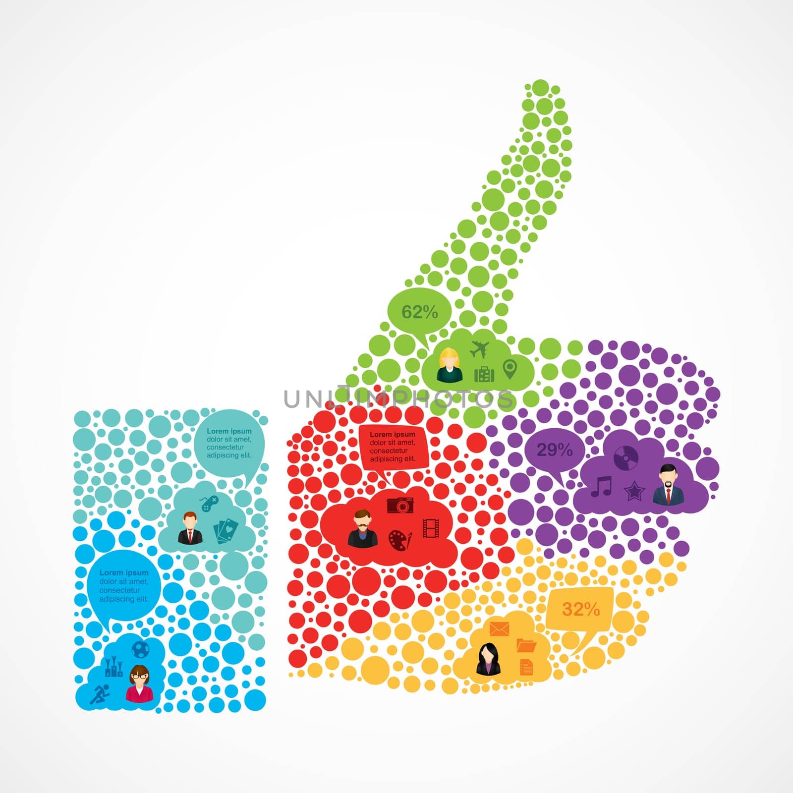 Colorful Social media team work user infographic on thumb up shape concept. EPS10 vector file organized in layers for easy editing.