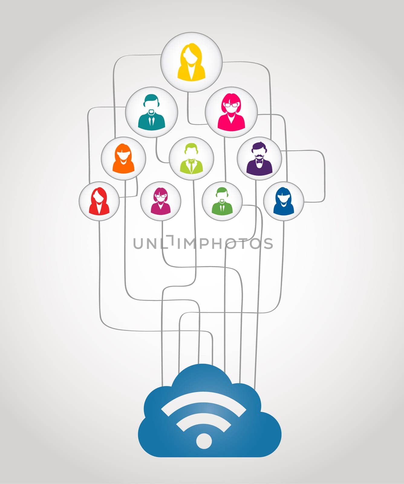 Colorful business network people concept with could computing diagram. EPS10 vector file with transparency layers..
