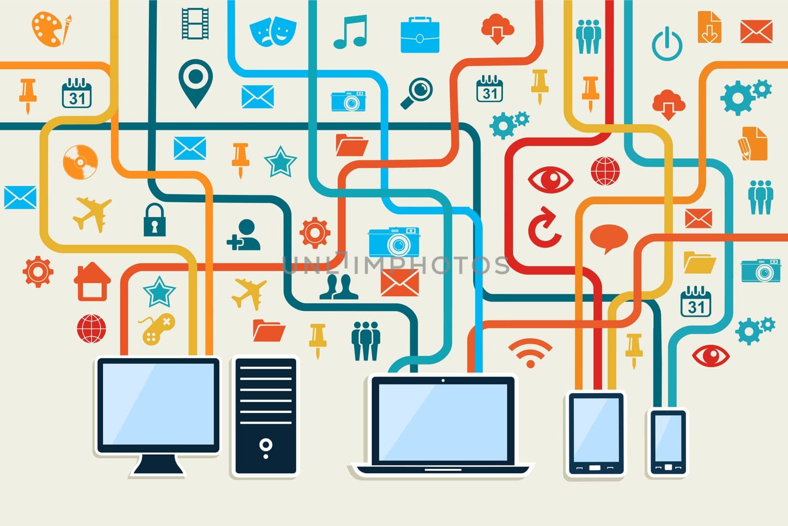 Social media connection concept with mobile, notebook and server technology illustration.EPS10 vector file organized in layers for easy editing.