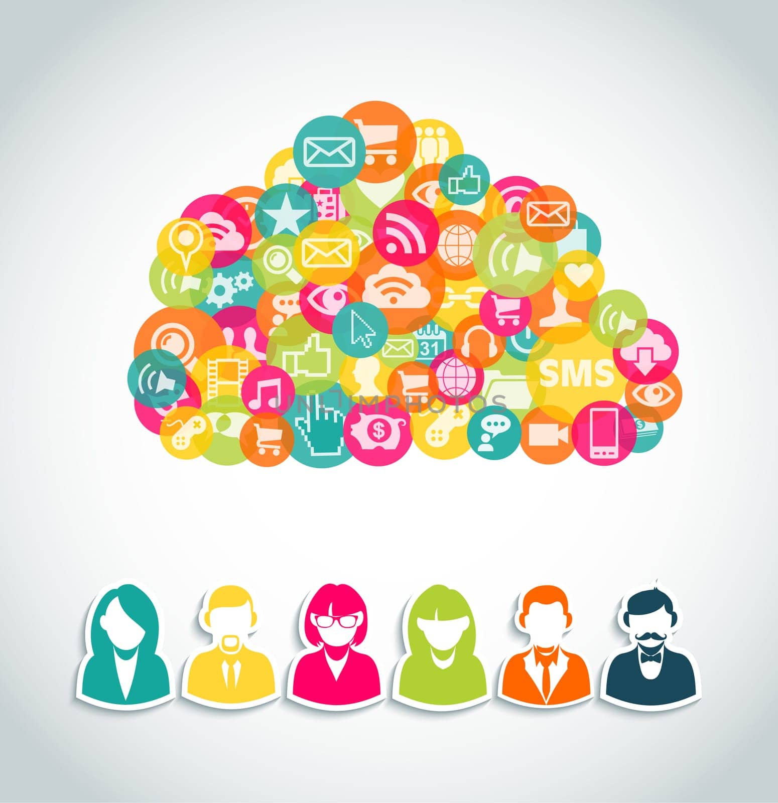 Social media cloud computing concept with user people and network colorful icons.  EPS10 vector file with transparency layers.