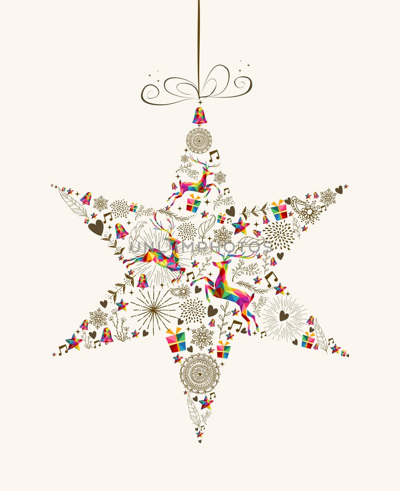 Vintage Christmas star bauble shape with colorful reindeer and retro elements greeting card. EPS10 vector file organized in layers for easy editing.