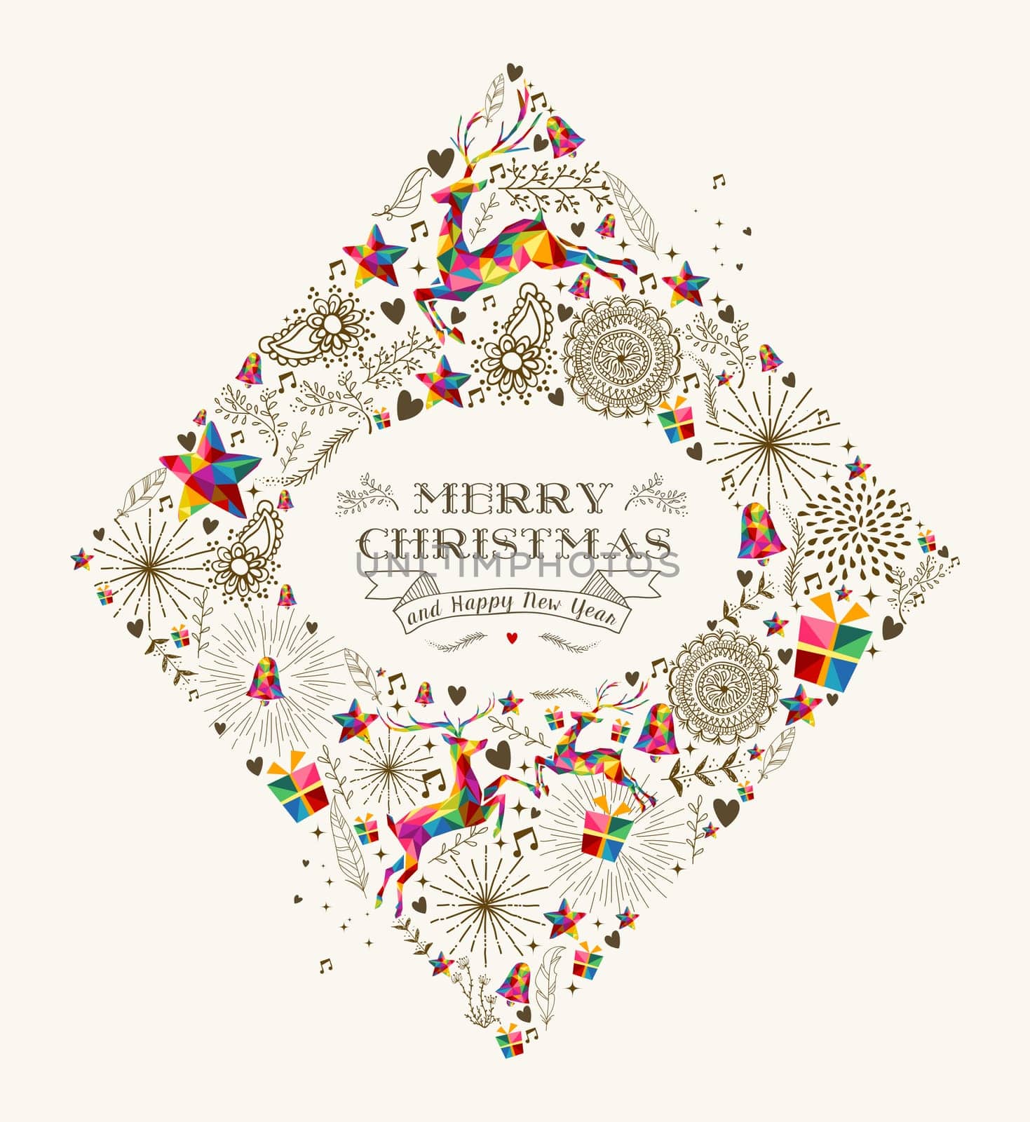 Vintage Merry Christmas diamond shape with colorful reindeer and retro label greeting card. EPS10 vector file organized in layers for easy editing.