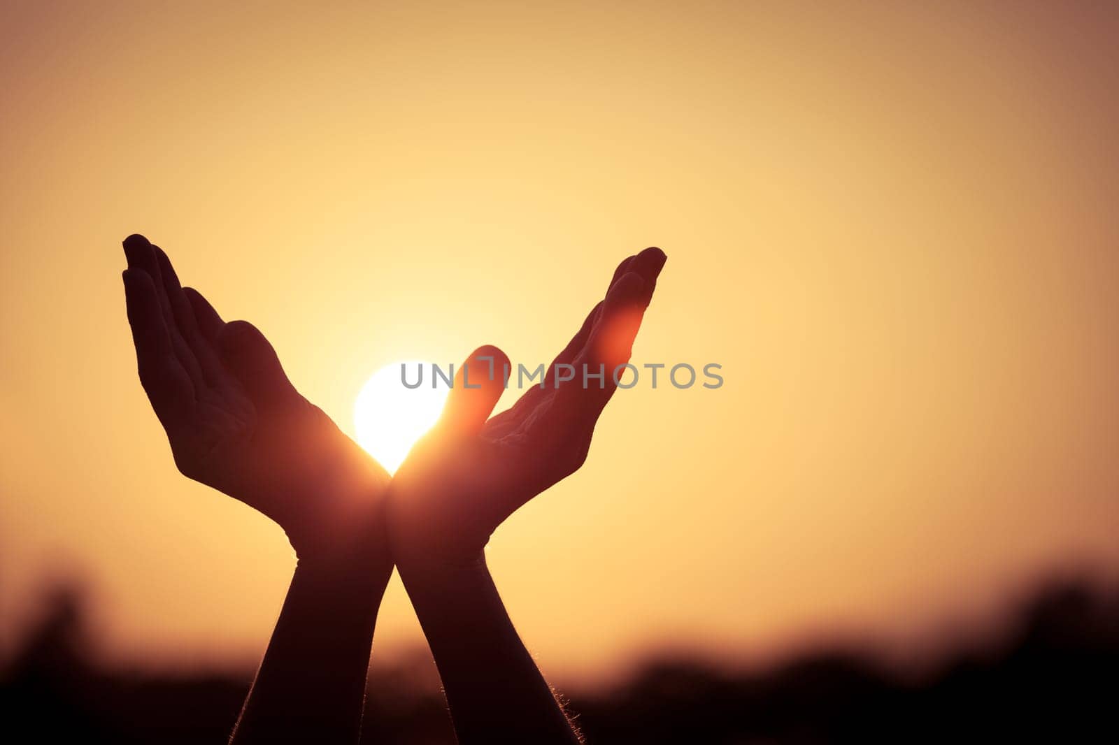 silhouette of female hands during sunset