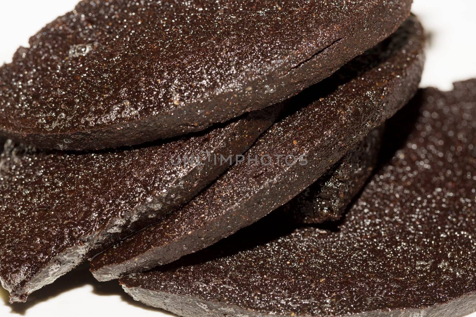 Swedish Blood Pudding Close up on white plate.