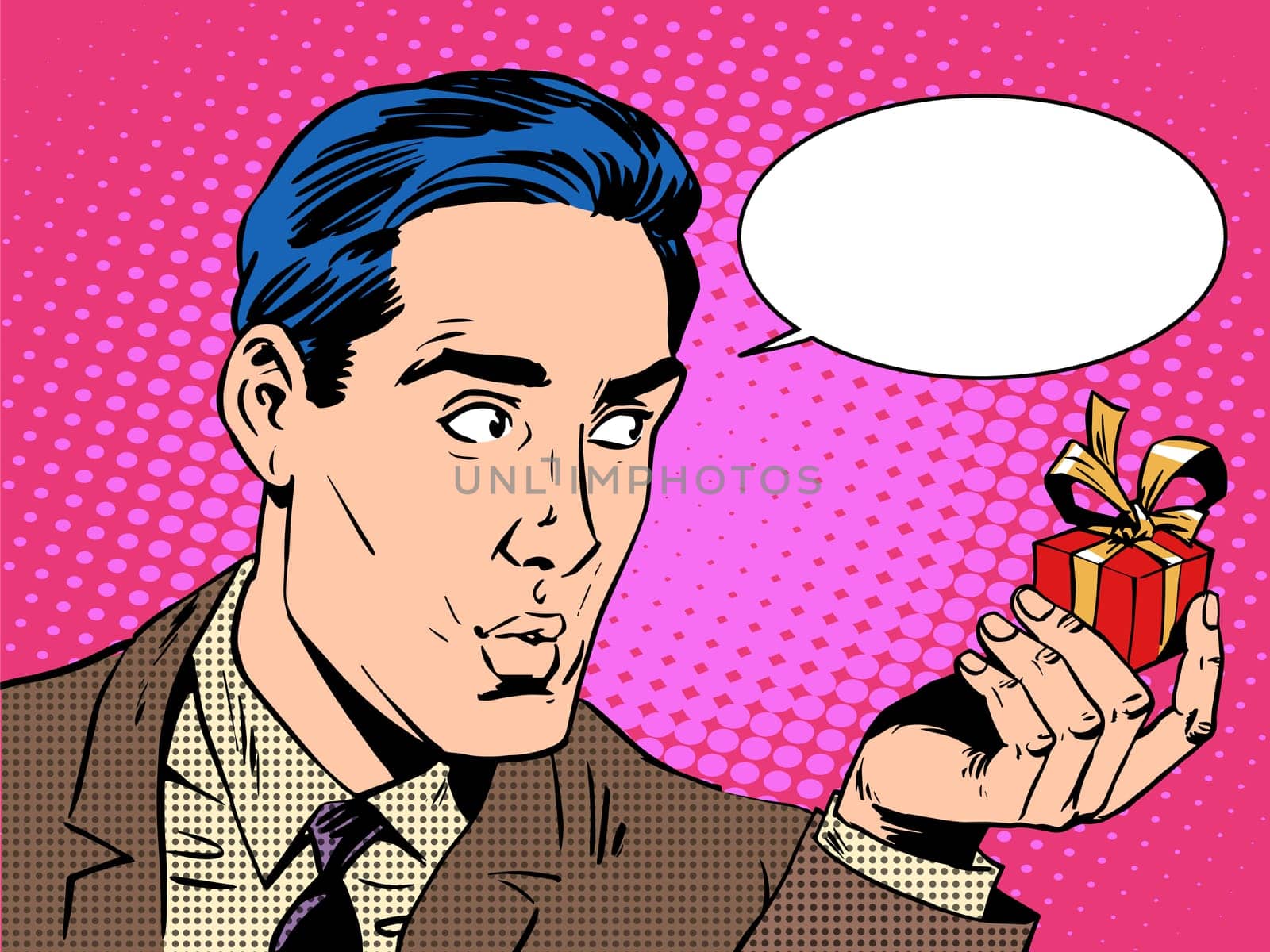 The man gives a gift pop art retro style. The theme of the birthday party or wedding and marriage