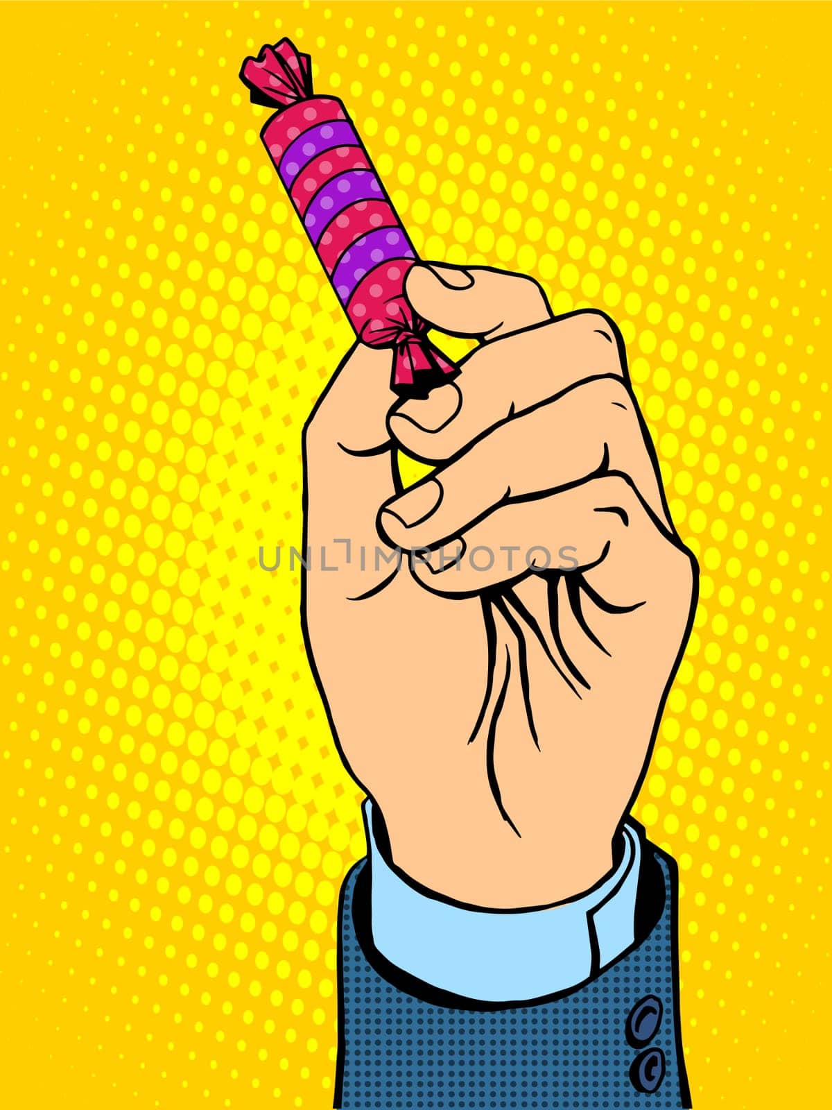 Candy in hand pop art retro style. Food sweets bait