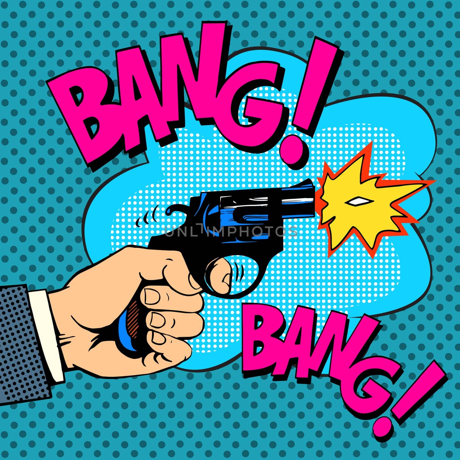 The gunshots gangster murder pop art retro style. Detective movie shootout