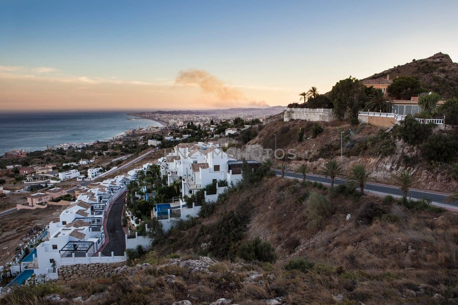Aerial Panoramic View of Costa del Sol from Benalmadena at dusk, Malaga, Spain