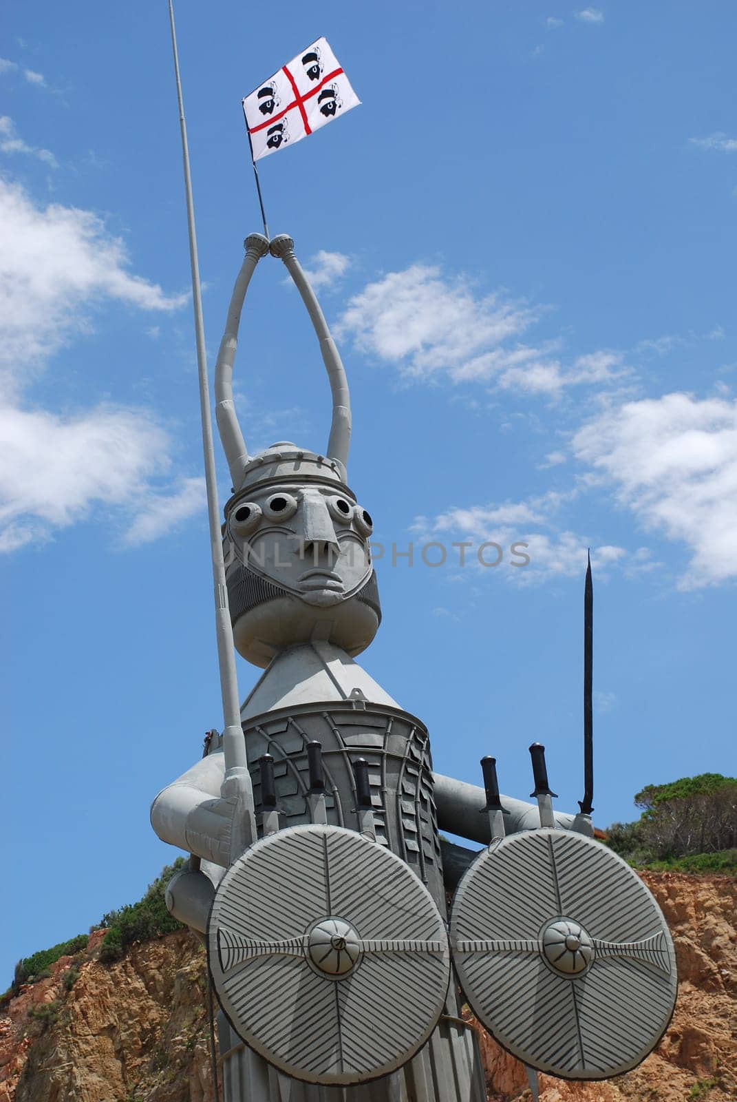 Sculpture Brozetto Arbatax Sardegna Italia Sardinia Warrior Shield Signs Plastic Knife Hero Demon Art Artwork Metal Flag