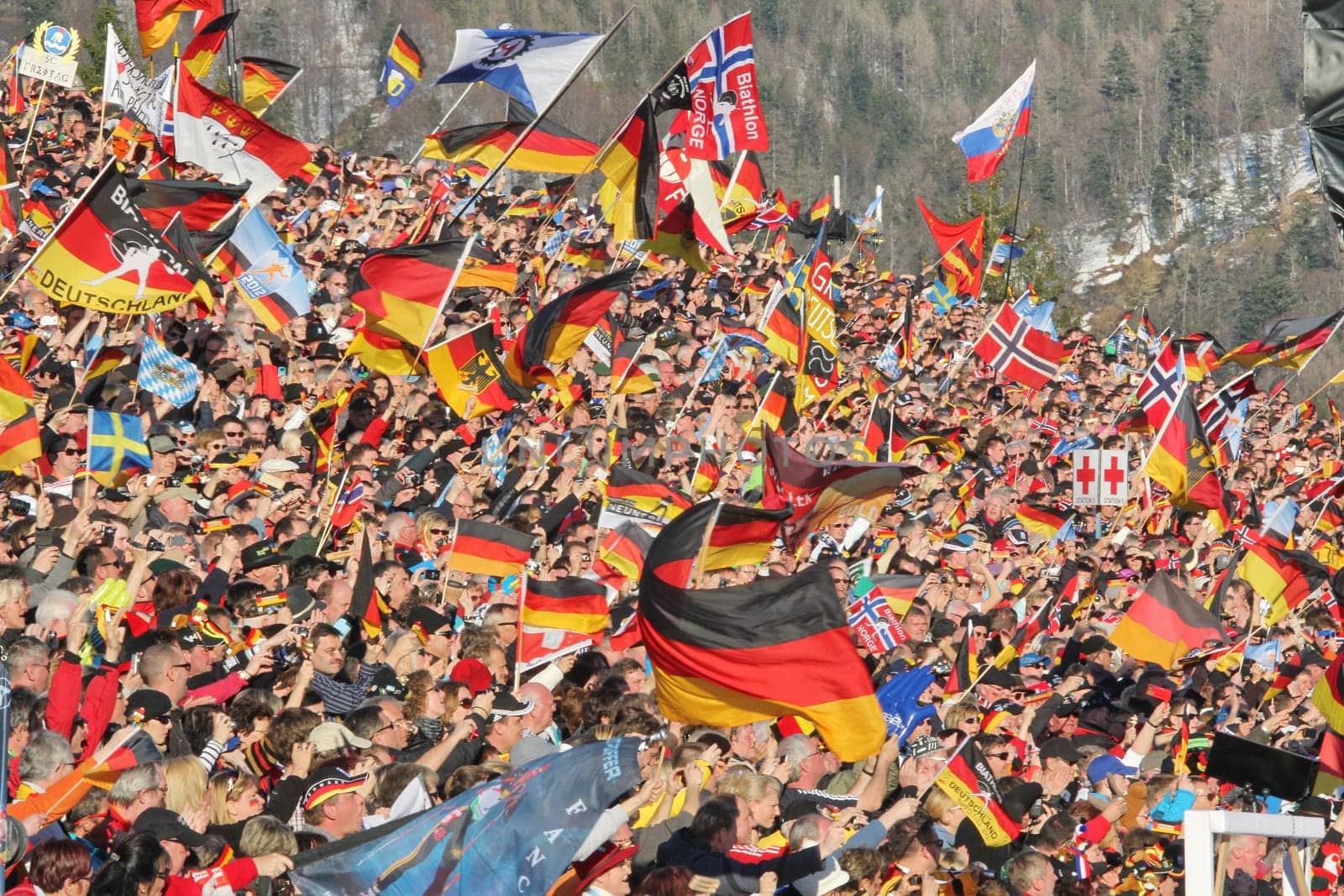 exuberant atmosphere among the biathlon fans in Ruhpolding