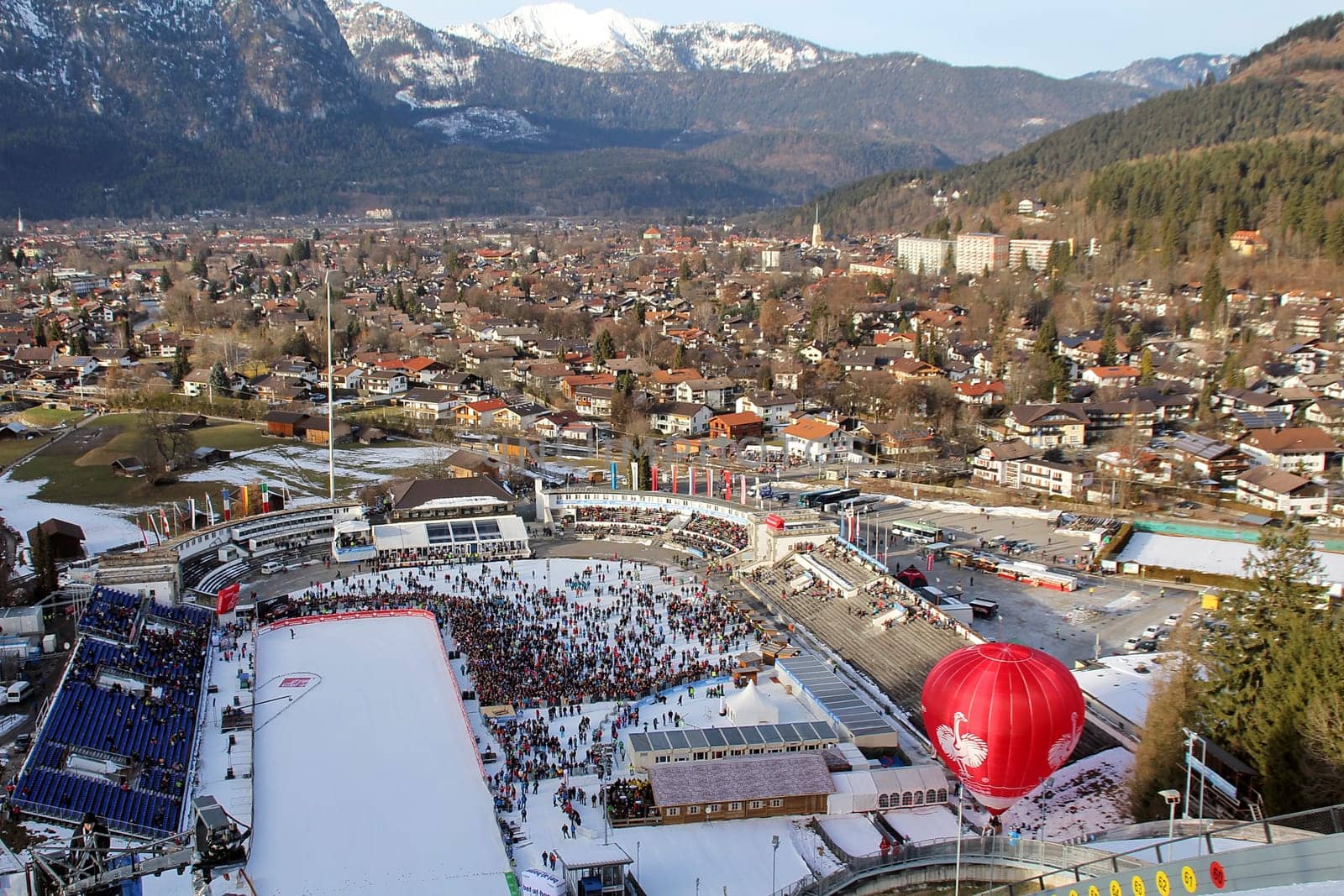 DAs Olypmpiastadion of Garmisch-Partenkirchen. Every year the New Year's ski jumping of the Four Hills Tour is held here