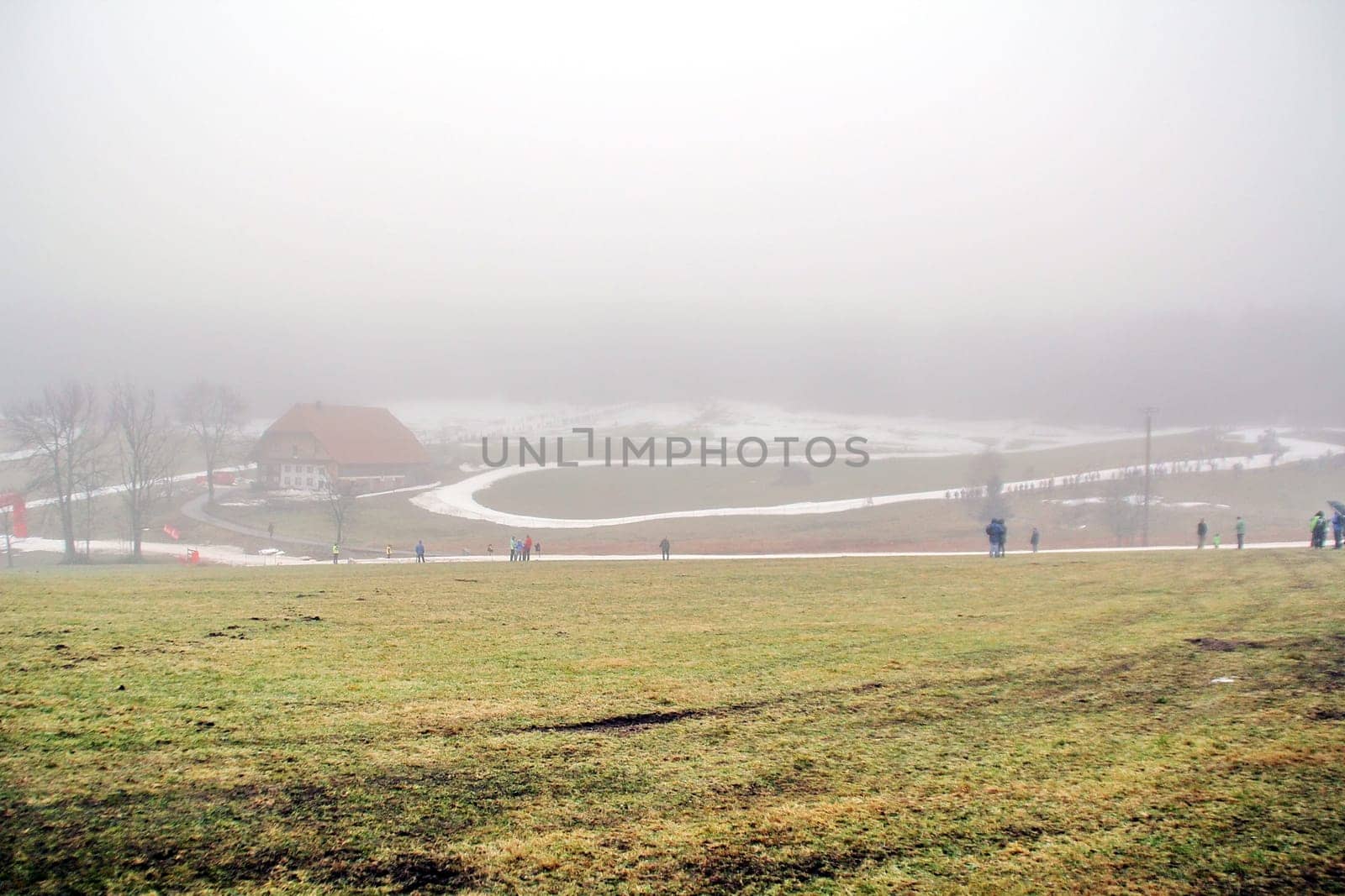 World Cup in Schonach in the Black Forest on 5/6 January 2013. White ribbon in green landscape
