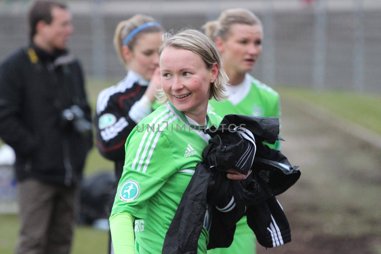 DFB-Pokal Semi-final: SC Freiburg - VfL Wolfsburg on 2.03.2013 0:5 (0:1) - National player Conny Pohlers has a good laugh. In the DFB-Pokal semi-final in Freiburg there was a 5-0 victory.