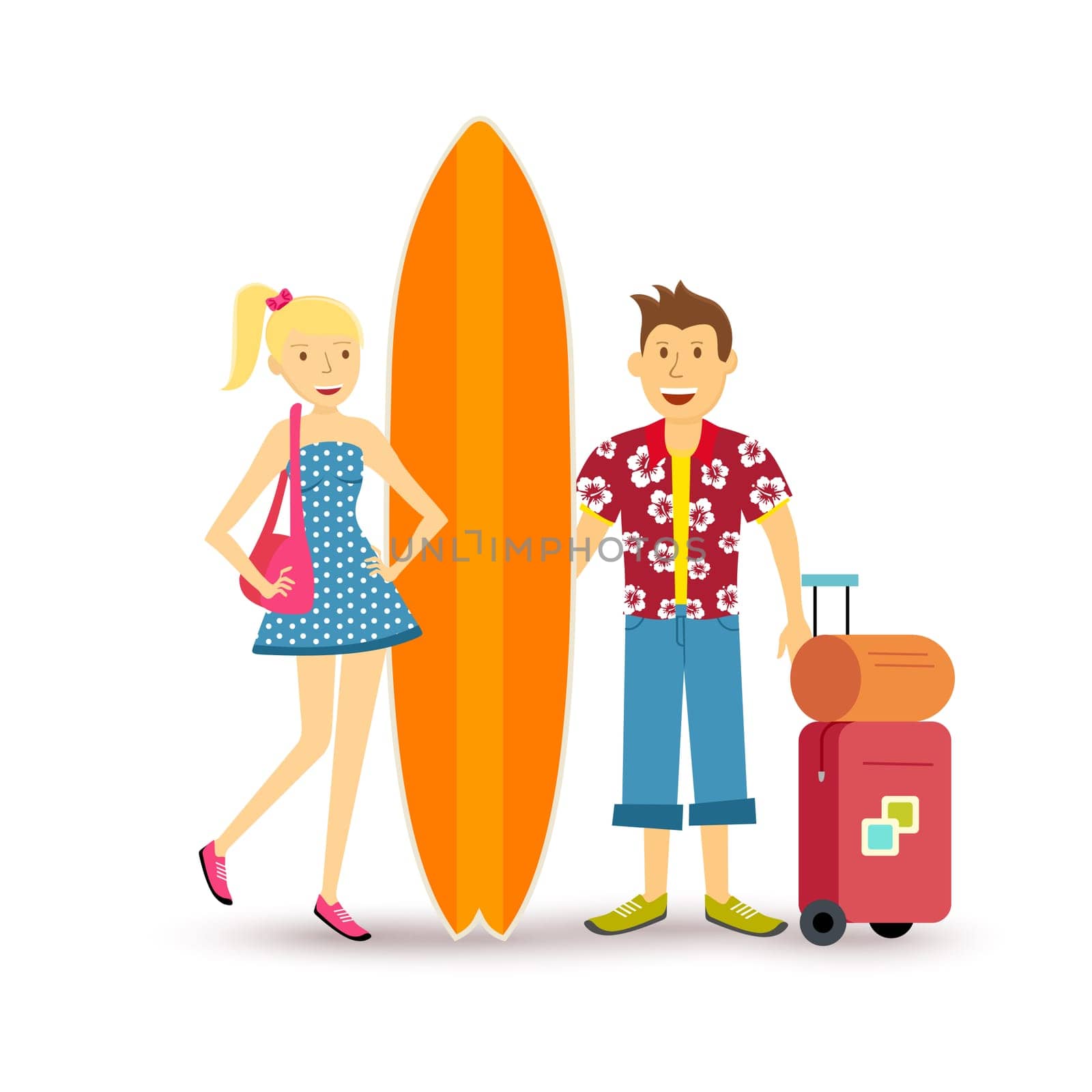 Young happy couple travel summer beach vacation with suitcase and surf board family group illustration in flat art style. EPS10 vector.