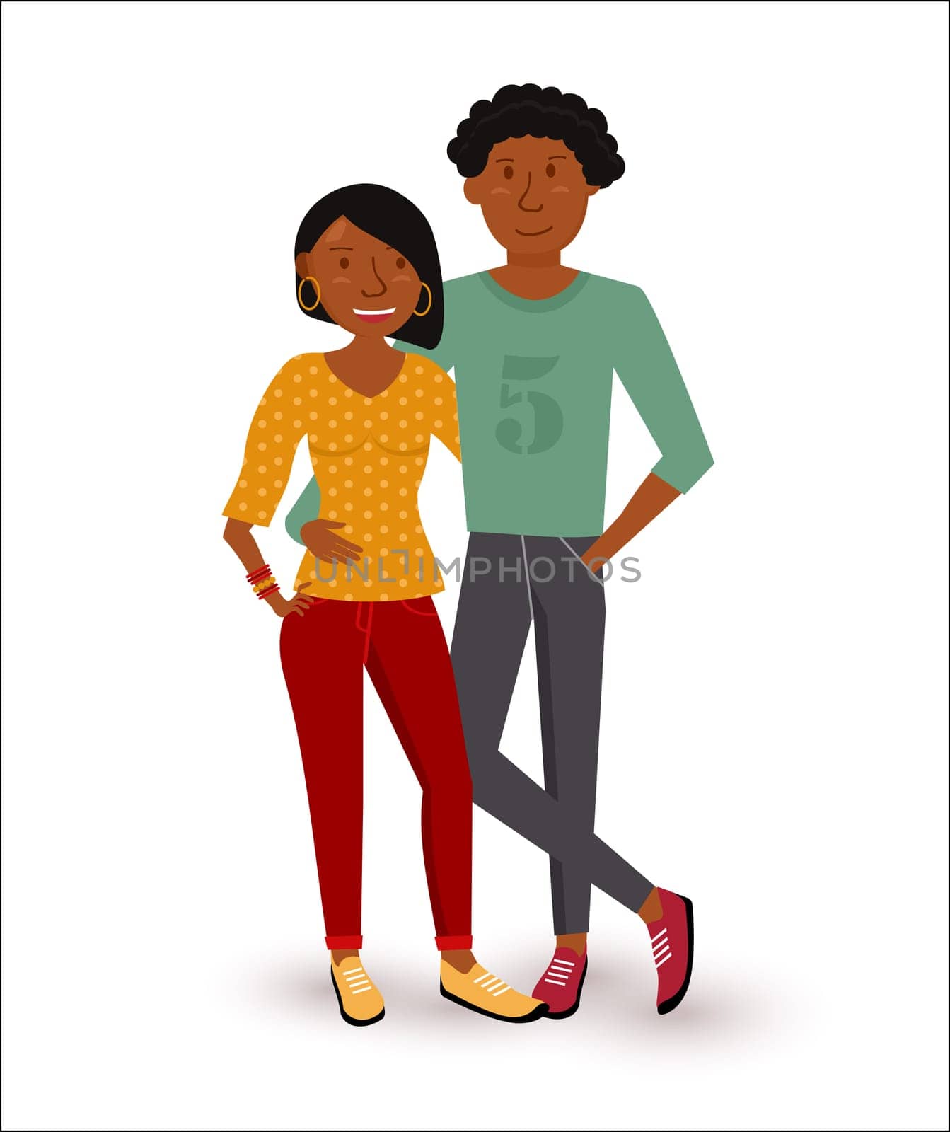 Young happy african american couple smiling in flat style illustration. EPS10 vector.