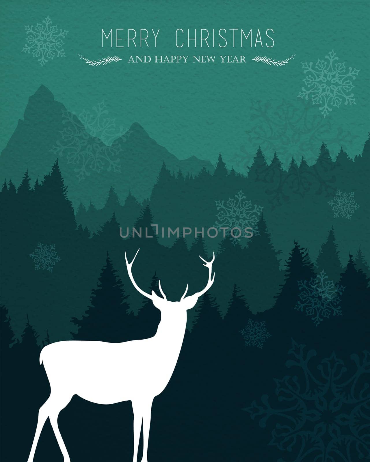 Merry christmas happy new year design with holiday reindeer, snow and pine tree forest background. Ideal for xmas card, party invitation or web. EPS10 vector.