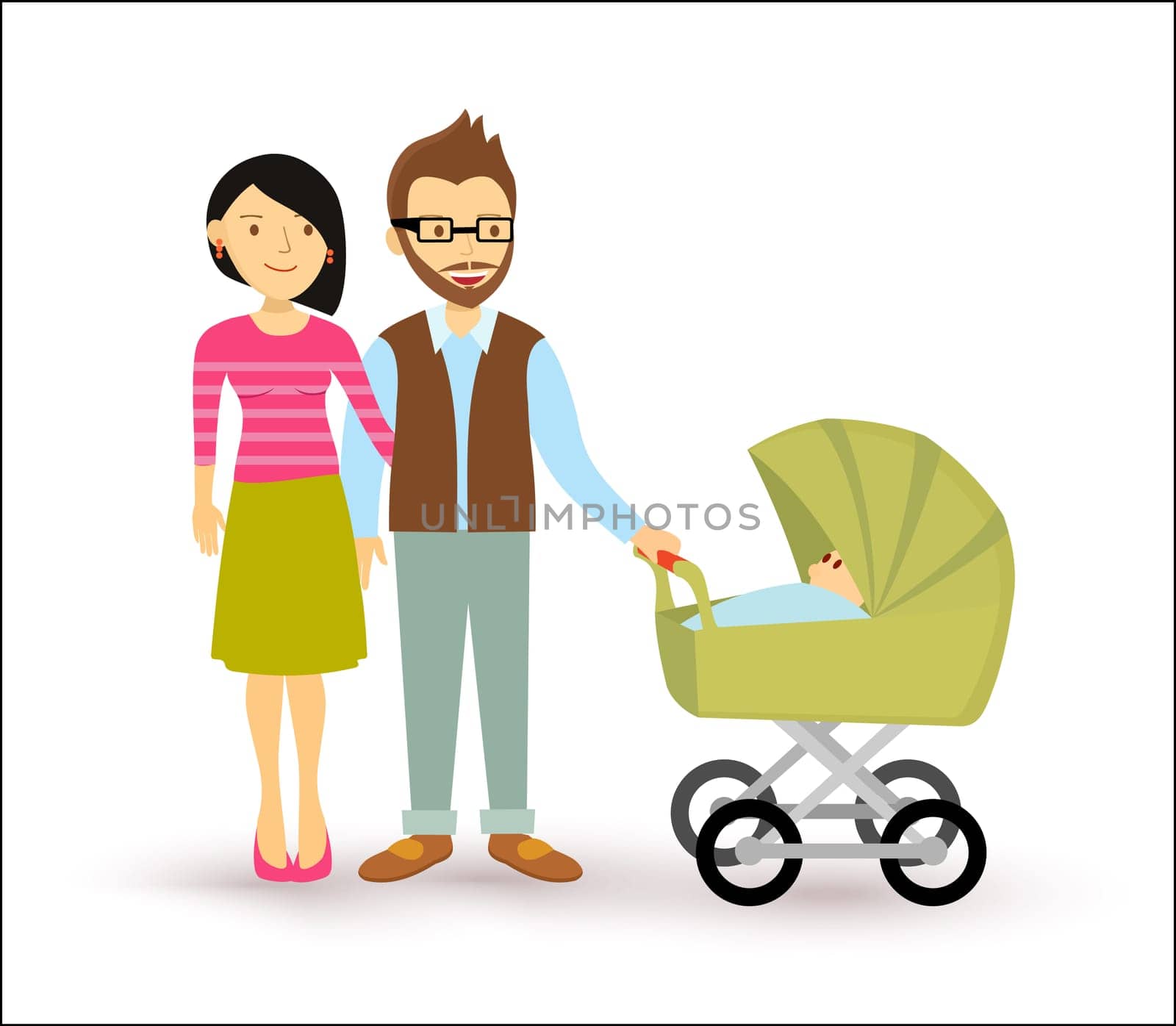 Young couple with newborn baby, start of a family illustration in flat style. EPS10 vector.