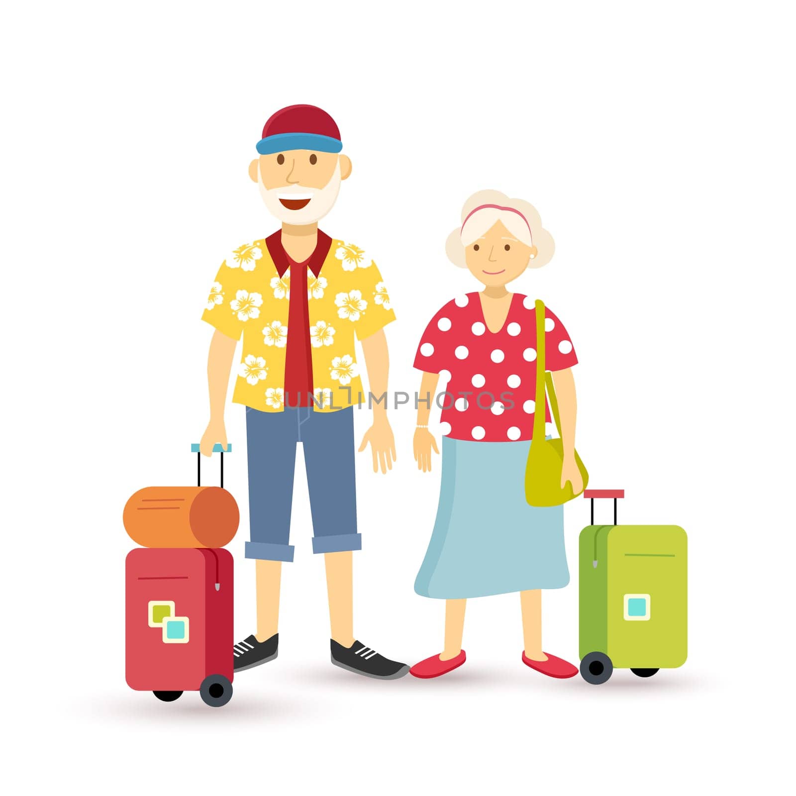 Elder grandparent couple travel family summer vacation with suitcase, people group illustration in flat art style. EPS10 vector.